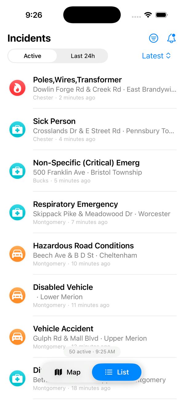 Sirens incident list with color-coded categories