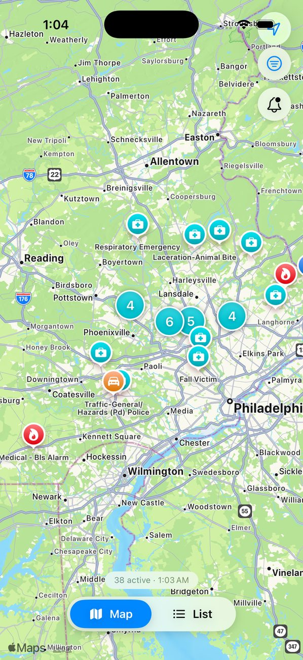 Sirens map showing live incidents across the Philadelphia suburbs